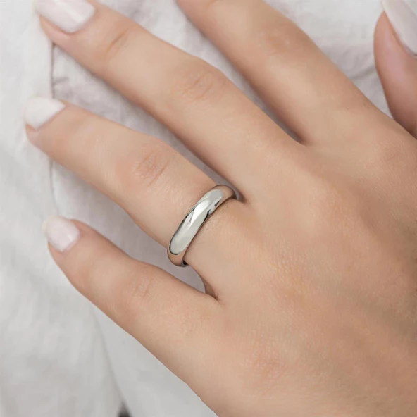 4 mm Bombeli Klasik Düz Rodyum Kaplama Tek Gümüş Alyans Yüzük - Resim 9