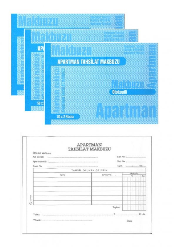 Apartman Tahsilat Makbuzu Otokopili 2/50 3 Adet Apartman Aidat Makbuzu 14x19 cm
