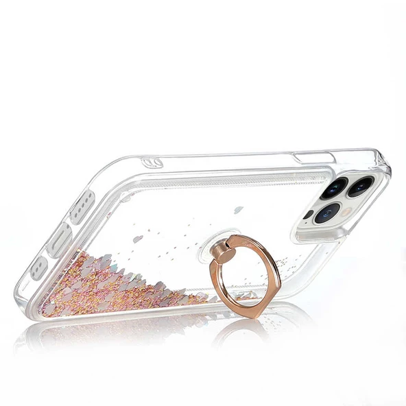 Apple iPhone 14 Pro Max Kılıf Sıvılı Simli Pullu Yüzüklü Standlı Lüx Silikon - 2