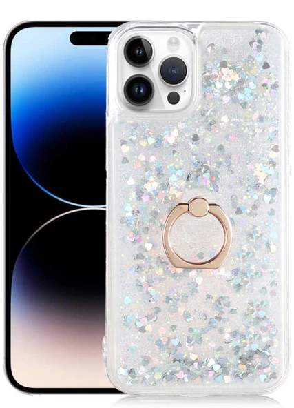 Apple iPhone 14 Pro Max Kılıf Sıvılı Simli Pullu Yüzüklü Standlı Lüx Silikon - 5