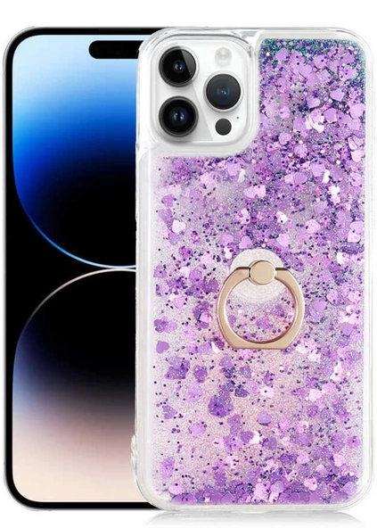 Apple iPhone 14 Pro Max Kılıf Sıvılı Simli Pullu Yüzüklü Standlı Lüx Silikon - 4