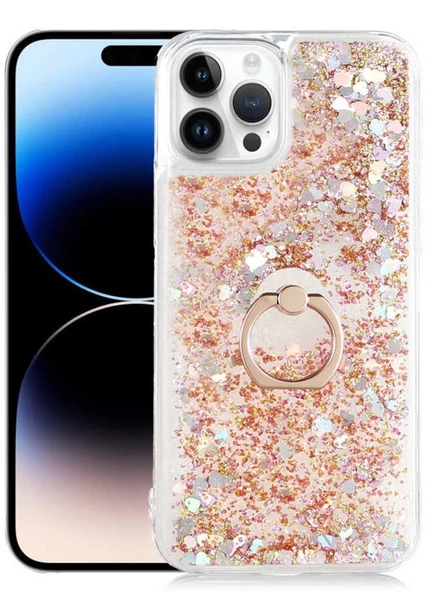 Apple iPhone 14 Pro Max Kılıf Sıvılı Simli Pullu Yüzüklü Standlı Lüx Silikon - 3