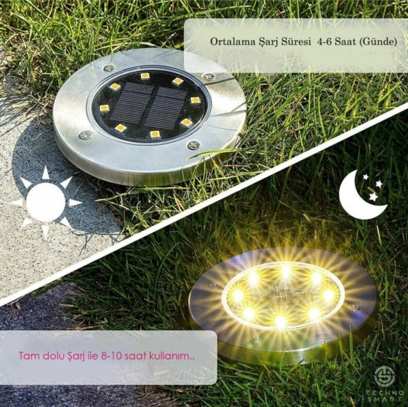 Solar Güneş Enerjili 8 Ledli Kazıklı çim Zemin Bahçe Aydınlatma 3 W Gün Işığı Sarı Led ( 4 Lü Set )