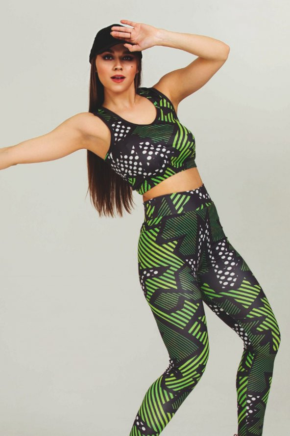 Yeşil Renk Ve Desenli 3017 Dijital Baskılı Kadın Yüksek Bel Ve Toparlayıcı Tayt - Büstiyer Takım - 3