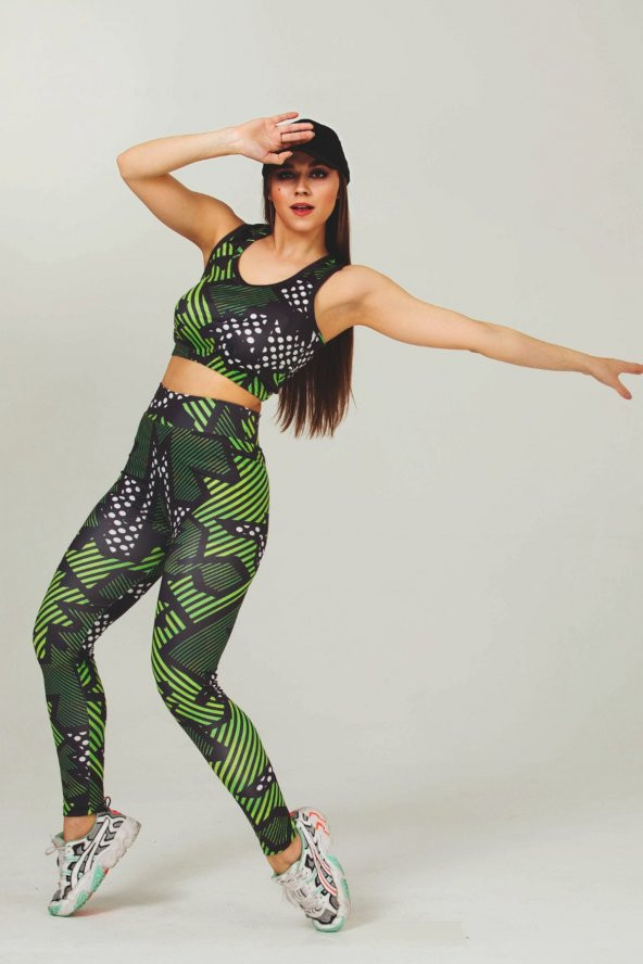 Yeşil Renk Ve Desenli 3017 Dijital Baskılı Kadın Yüksek Bel Ve Toparlayıcı Tayt - Büstiyer Takım - 4