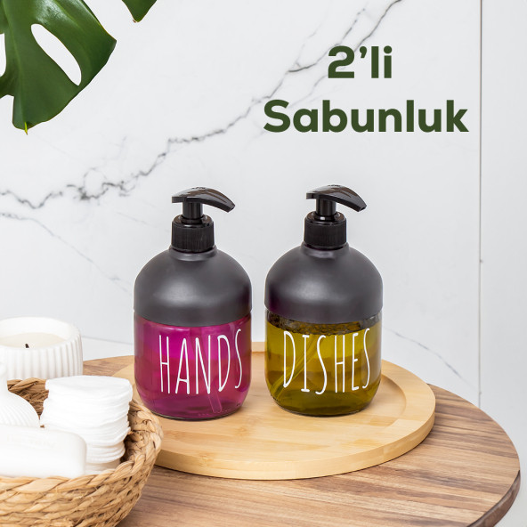 Porsima C-527 2'li Cool Sıvı Sabunluk Seti - Mutfak-Banyo Tezgah Üstü Temizlik Seti - Antrasit Cam 425 mL