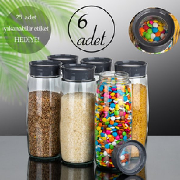 Porsima C-00369 Etiketli 6 Parça 1600 Cc Oval Antrasit Kapaklı Cam Kavanoz Seti Saklama Kabı