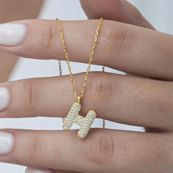 Gümüş Altın Kaplama Taşlı Harf Kolye - 5