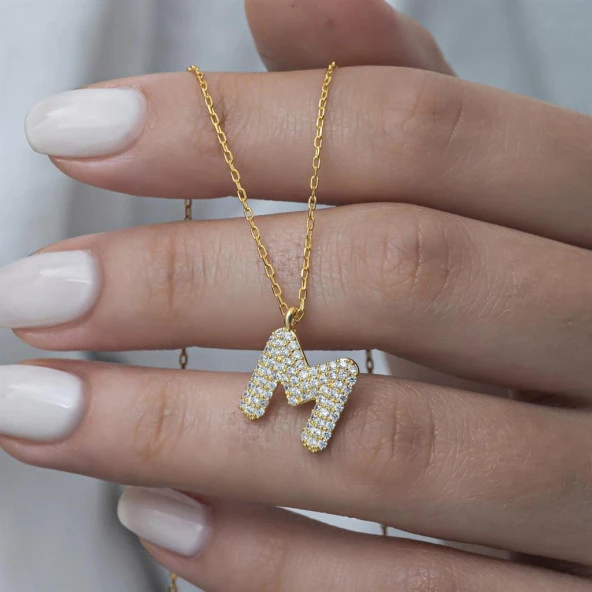 Gümüş Altın Kaplama Taşlı Harf Kolye - 7