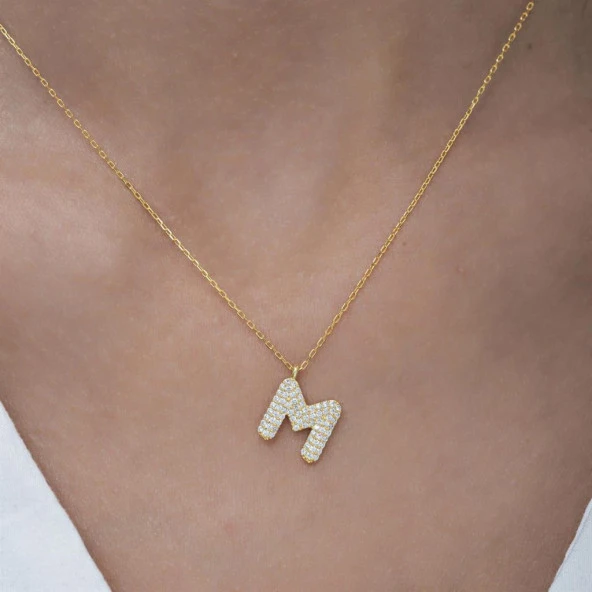 Gümüş Altın Kaplama Taşlı Harf Kolye - 8