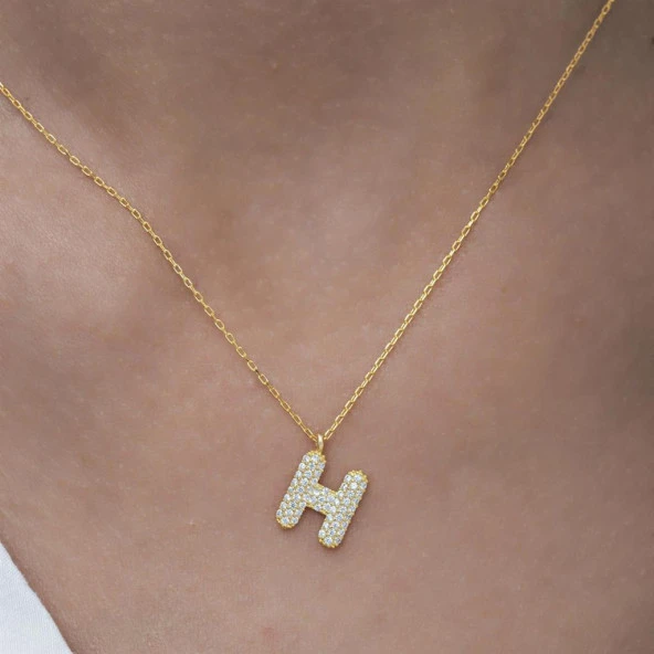 Gümüş Altın Kaplama Taşlı Harf Kolye - 11