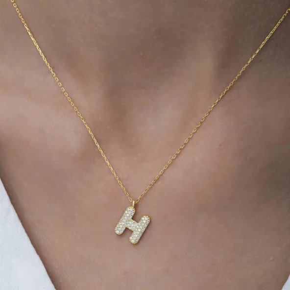 Gümüş Altın Kaplama Taşlı Harf Kolye - 12