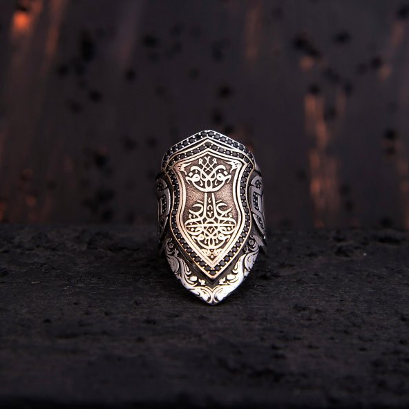 Nurun Ala Nur Yazılı Şüca Siyah Zirkon Modeli Gümüş Erkek Yüzük Z2869 - 2