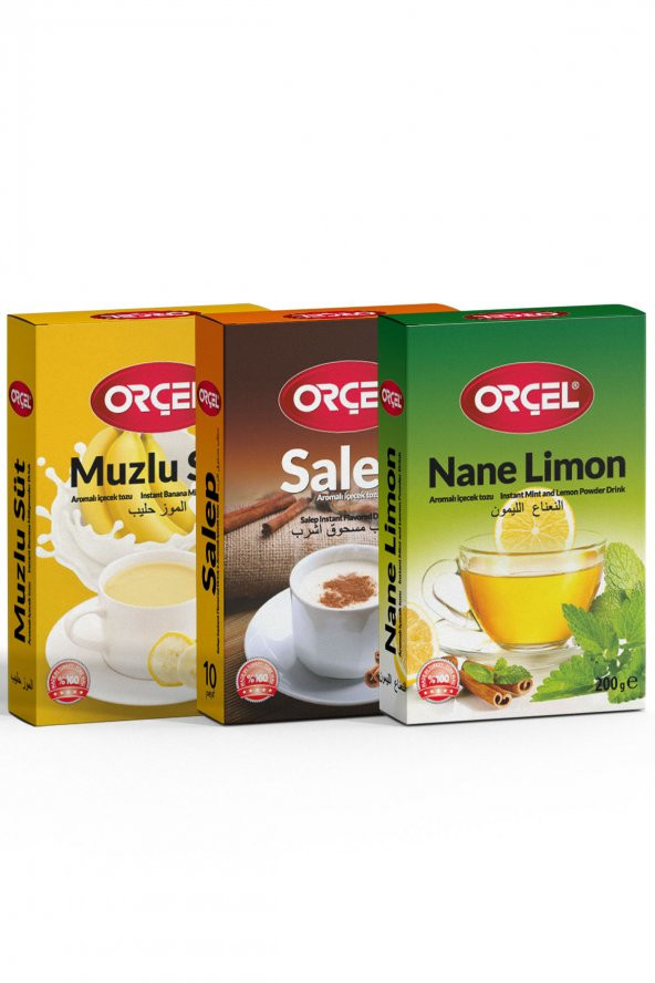 Orçel Salep + Muzlu Süt +Nane Limon  Aromalı İçecek Tozu Oralet Çay 3x200gr.