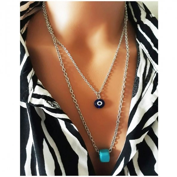 Seramik Mavı Boncuk & Nazar Boncuğu Kadın İkili Kolye