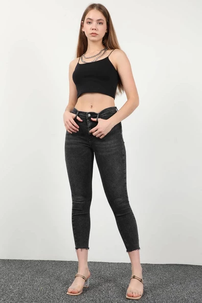 Kadın Paçası Kesik Skinny Fit Jean Pantolon Antrasit