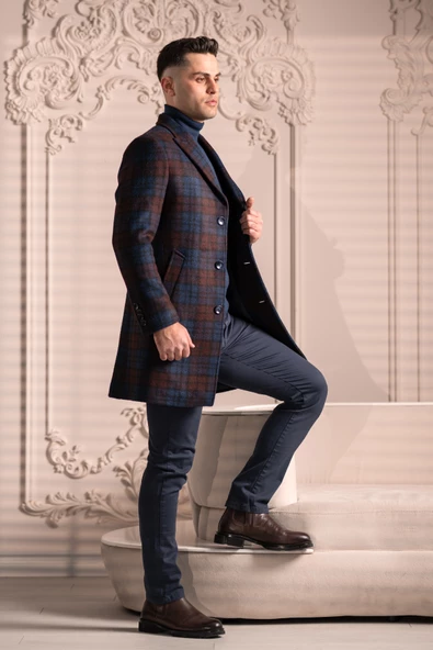 SİR SLİMFİT KAŞMİR YÜNLÜ EKOSE TEK PİLELİ ERKEK KABAN - 3