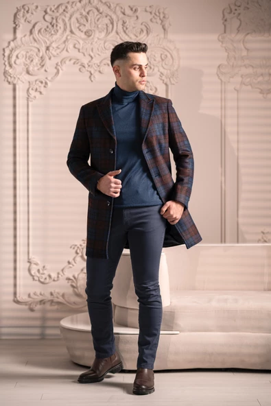 SİR SLİMFİT KAŞMİR YÜNLÜ EKOSE TEK PİLELİ ERKEK KABAN - 2