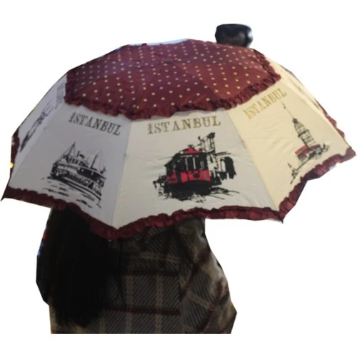 İstanbul Desenli Bordo Şemsiye - 4