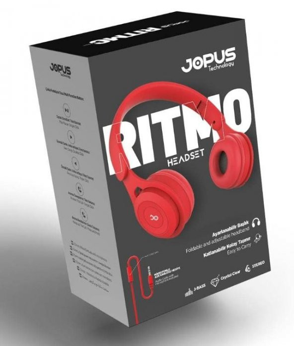 Jopus Ritmo Kulak Üstü Kablolu Kulaklık Katlanabilir JS-80 (Kırmızı)