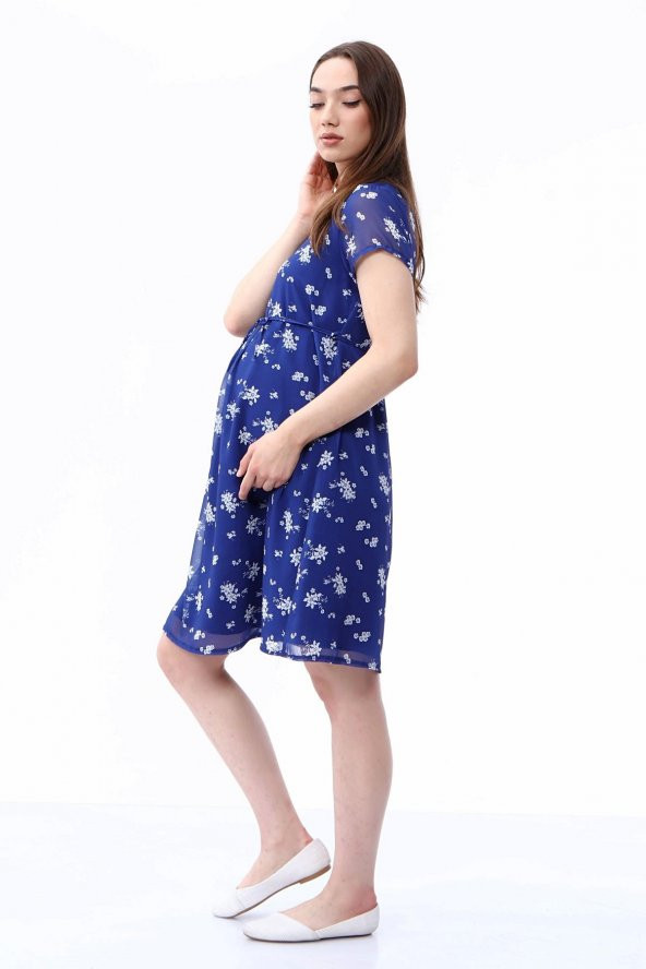 IŞŞIL 4484-Pile Yaka Buket Çiçek Kısa Kol Mini Hamile Elbise