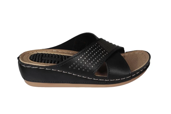 GEZER Kadın Siyah- Kırmızı Krem Taşlı Dolgu Mesaj Tabanlı Comfort Terlik ürün görseli