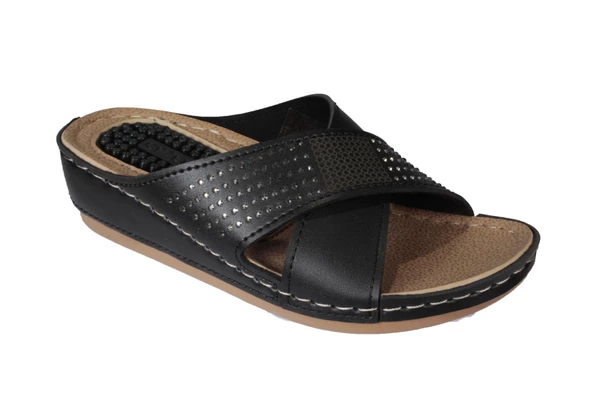 GEZER Kadın Siyah- Kırmızı Krem Taşlı Dolgu Mesaj Tabanlı Comfort Terlik - Resim 8