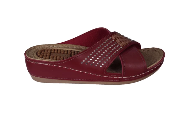 GEZER Kadın Siyah- Kırmızı Krem Taşlı Dolgu Mesaj Tabanlı Comfort Terlik - Resim 2