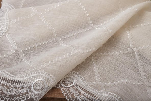 Finezza Asos Keten Polyester Jakarlı Kumaş Krem Masa Örtüsü 150x210 cm - 1315 - 5