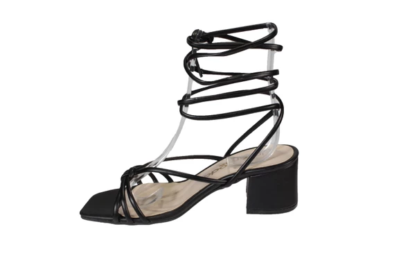 YAZKIŞ Kadın Siyah Beyaz Nut Bağlamalı  5cm Bantlı Topuklu Ayakkabı - Resim 3