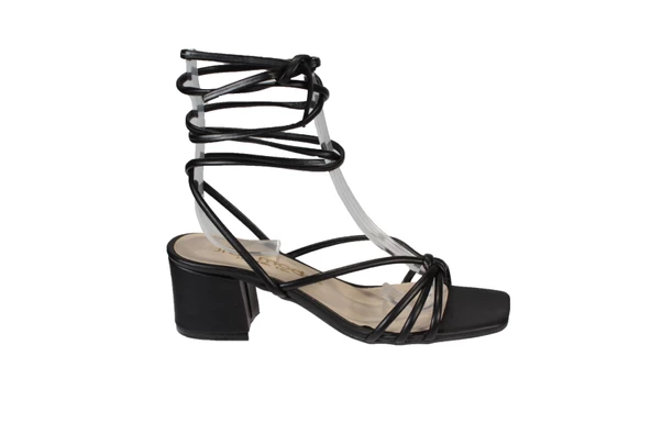 YAZKIŞ Kadın Siyah Beyaz Nut Bağlamalı  5cm Bantlı Topuklu Ayakkabı - Resim 4