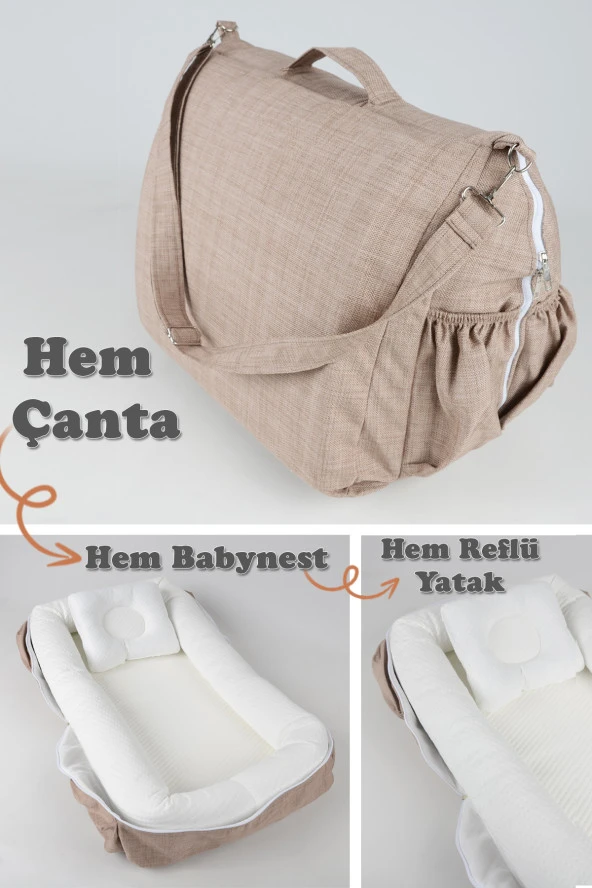 Çantalı Taşınabilir Bebek Reflü Yatağı, Yastığı, Babynest, Anne Çantası Dokuma Kumaş - 9