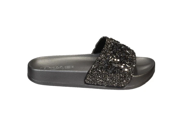 YAZKIŞ Kadın Siyah Platin Üzeri Taşlı Simli  Günlük Rahat Terlik - Resim 6
