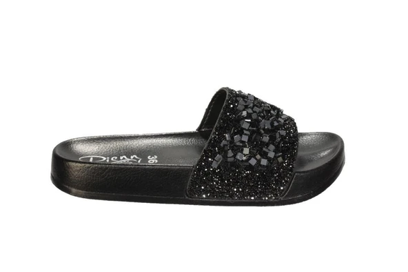 YAZKIŞ Kadın Siyah Platin Üzeri Taşlı Simli  Günlük Rahat Terlik - Resim 2
