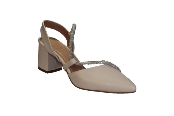 YAZKIŞ Kadın Krem Siyah 6cm Kalın Topuk Çapraz Taşlı Abiye Düğün Nişan Ayakkabısı - Resim 3