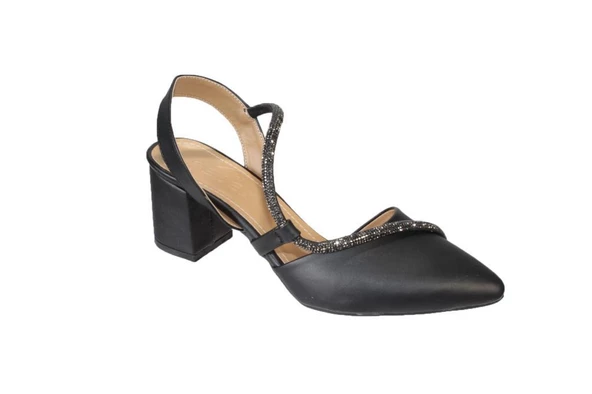 YAZKIŞ Kadın Krem Siyah 6cm Kalın Topuk Çapraz Taşlı Abiye Düğün Nişan Ayakkabısı - Resim 5