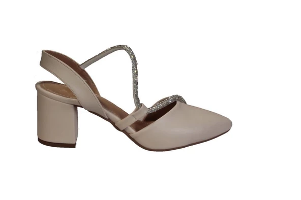 YAZKIŞ Kadın Krem Siyah 6cm Kalın Topuk Çapraz Taşlı Abiye Düğün Nişan Ayakkabısı - Resim 6