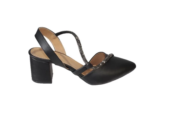 YAZKIŞ Kadın Krem Siyah 6cm Kalın Topuk Çapraz Taşlı Abiye Düğün Nişan Ayakkabısı - Resim 7