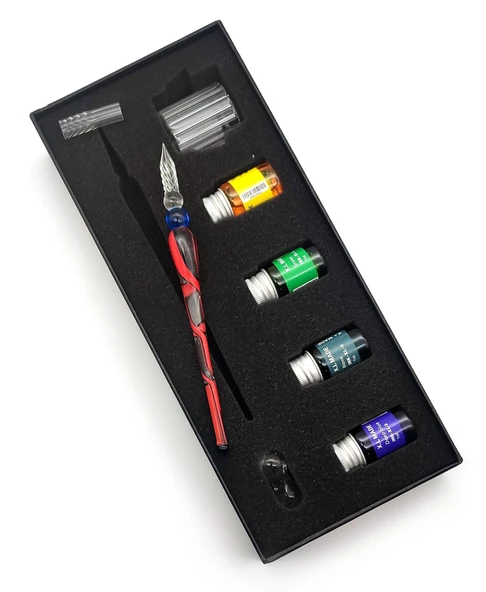 Valkyrie El Yapımı Cam Dolma Kalem Kaligrafi Hokka Seti 4 Mürekkepli Dalgalı Desenli Cam Kalem - Resim 2