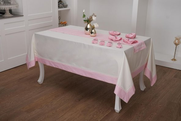 Finezza Armine Pamuk Pembe Peçeteli Sofra Takımı 8 kişilik 170x230cm 18 Prç-1317