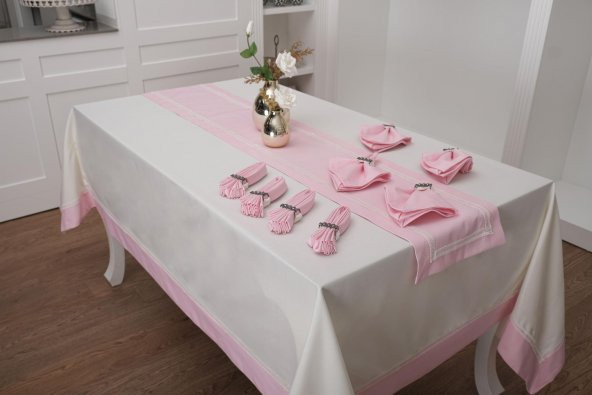 Finezza Armine Pamuk Pembe Peçeteli Sofra Takımı 8 kişilik 170x230cm 18 Prç-1317 - 2