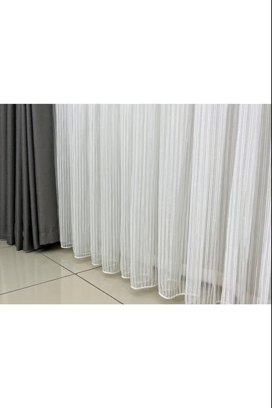 MAKARNA MODEL SİMLİ KIRIK BEYAZ RENK HAZIR DİKİLMİŞ PİLELİ TÜL PERDE 300*260 - Resim 8