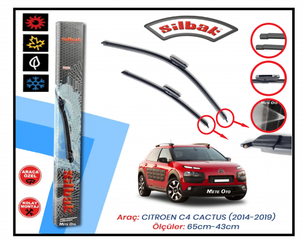 Citroen C4 Cactus Ön Cam Silecek Takımı Fiskiyeli 650Mm - 430Mm 2014-2019