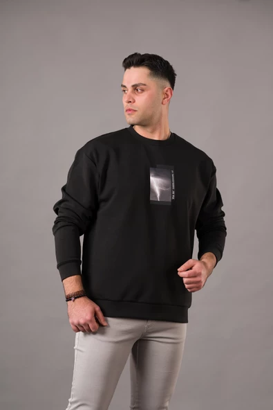 OVERSİZE BASKILI SIFIR YAKA PAMUKLU ERKEK SWEATSHİRT - 2