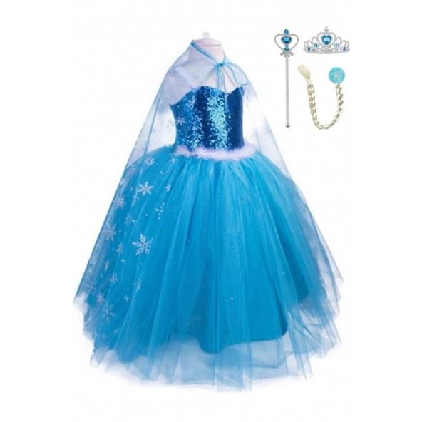 Karlar Ülkesi Frozen Elsa Kostümü Ve Taç Asa Ve Saç Seti Hediyeli
