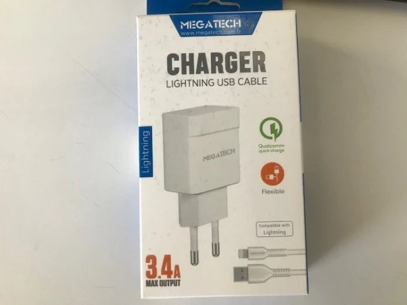 Megatech 3.4 Amper Lightning Usb Kablo + Ev Şarj Adaptörü Hızlı Şarj