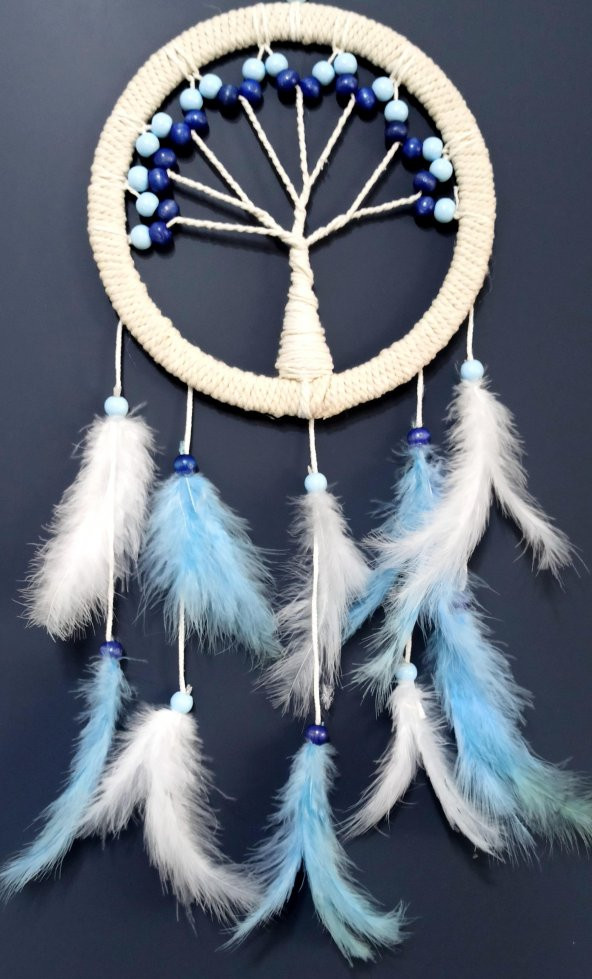 Mavi Beyaz Kuş Tüylü Hayat Ağacı Duvar Süsü - Resim 2