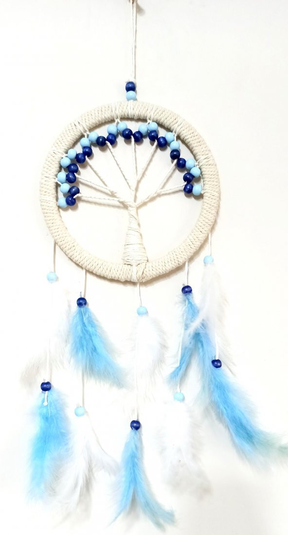 Mavi Beyaz Kuş Tüylü Hayat Ağacı Duvar Süsü - Resim 3