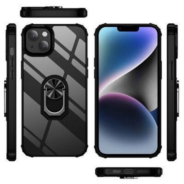 Apple iPhone 14 Kılıf Yüzüklü Standlı Şeffaf Mola Kapak - 5
