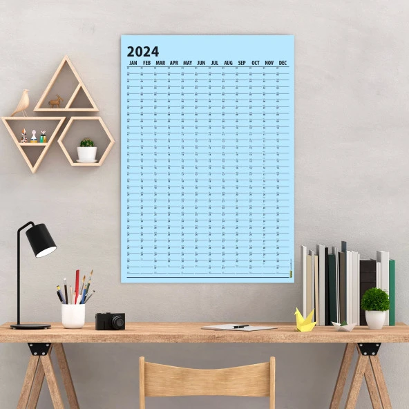 Mavi Renk 2024 Yıllık Planlama Takvim, 2024 Yılı Duvar Takvimi, Yıllık Planlayıcı - 50 X 70 cm Boy